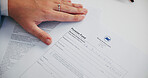 Hands, document and contract for pension at office for identity, compliance or application at insurance agency. Person, paperwork and legal agreement for saving, investment or funding for retirement