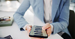 Business person, phone screen and hands for food delivery at work with choice or option. Lunch break, technology and website for order app, ux and restaurant menu with hungry employee in office