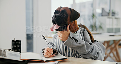 Buy stock photo Office, thinking and writing with business dog with schedule for administration, online report or research. Ideas, laptop or humor with boxer employee in professional workplace for project management