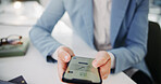 Business person, phone screen and hands with success for online shopping, payment or subscription. Icon, technology and employee order verification with tick, confirmed and approved on internet