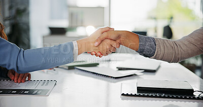 Buy stock photo Meeting, handshake and business people with documents in office for interview, welcome or negotiation. Thank you, contract and support with shaking hands, form and consulting agreement or proposal