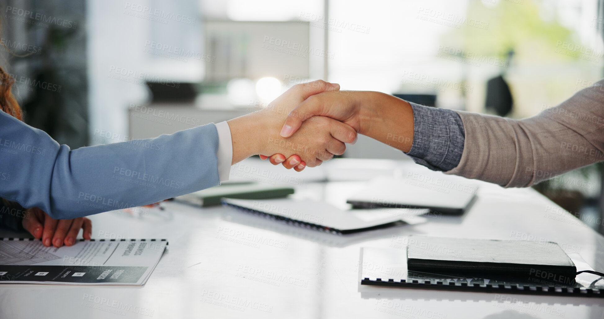 Buy stock photo Meeting, handshake and business people with documents in office for interview, welcome or negotiation. Thank you, contract and support with shaking hands, form and consulting agreement or proposal