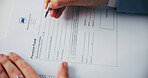 Hands, document and writing with pension at office for identity, compliance or application at insurance agency. Person, paperwork and legal agreement for saving, investment or funding for retirement