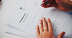Hands, document and contract for retirement at office for identity, compliance or application at insurance agency. Person, paperwork and legal agreement for saving, investment or funding for pension