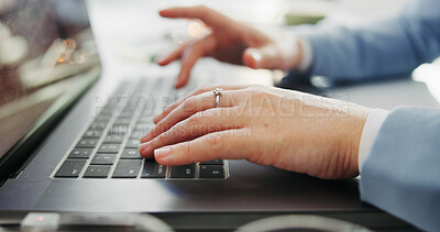 Buy stock photo Laptop, hands and woman typing in office for email, feedback or writing report online. Technology, computer and networking with business person for lead generation, article review or research