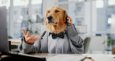 Buy stock photo Phone call, stress and frustrated with business dog in office for pet ambassador, contact or consultant. Animal welfare, worry and vet appointment cancellation with golden retriever in agency