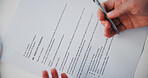 Hands, document and closeup with warning at office, HR and review info for compliance in workplace. Person, paperwork and agreement for guide, management and performance with policy at company