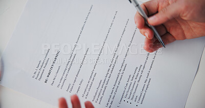 Buy stock photo Hands, document and closeup with warning at office, HR and review info for compliance in workplace. Person, paperwork and rules for mediation, discipline and reading regulations with company policy