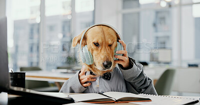 Buy stock photo Headphones, dog and office with music at desk for motivation, sound and productivity. Golden retriever, pet friendly workplace and audio with podcast for comic or funny work environment with animal