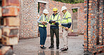 Meeting, industry and construction team on site for building, maintenance or repairs. Discussion, planning and group of civil engineers with contractor for renovation or property development.