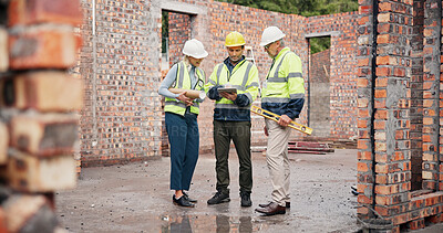 Buy stock photo Meeting, industry and construction team on site for building, maintenance or repairs. Discussion, planning and group of civil engineers with contractor for renovation or property development.