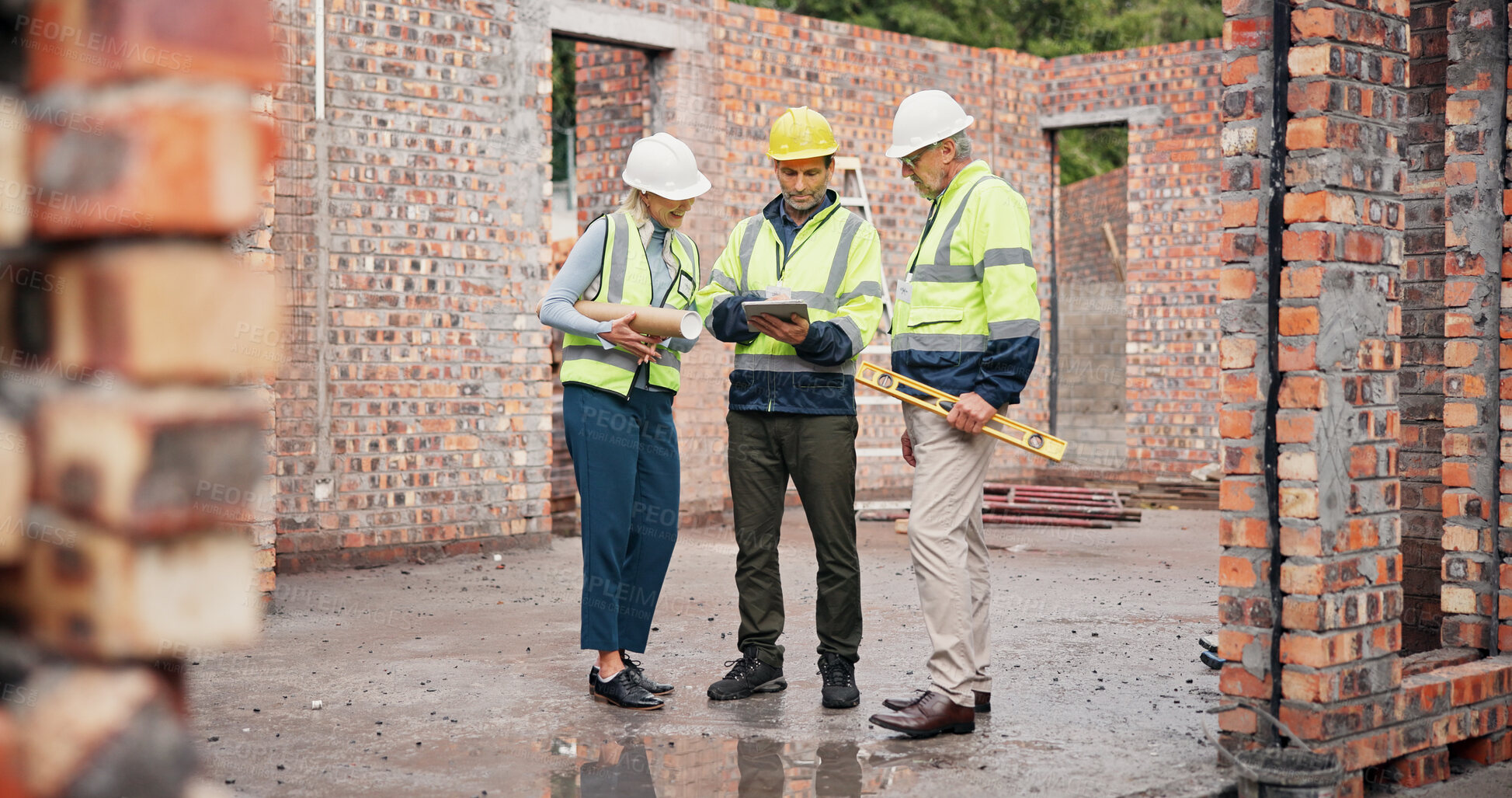 Buy stock photo Meeting, industry and construction team on site for building, maintenance or repairs. Discussion, planning and group of civil engineers with contractor for renovation or property development.