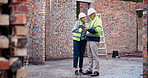 Construction, review and colleagues with tablet, outdoor and discussion for project management and team. Architecture, mature woman and man with tech for digital blueprint, collaboration and talking