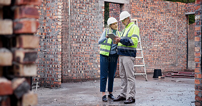 Buy stock photo Construction, review and colleagues with tablet, outdoor and discussion for project management and team. Architecture, mature woman and man with tech for digital blueprint, collaboration and talking