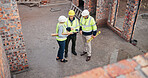 Discussion, industry and construction team on site for building, maintenance or repairs. Meeting, planning and group of civil engineers with contractor for renovation or property development.