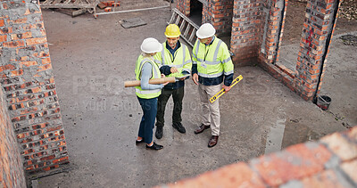 Buy stock photo Discussion, industry and construction team on site for building, maintenance or repairs. Meeting, planning and group of civil engineers with contractor for renovation or property development.