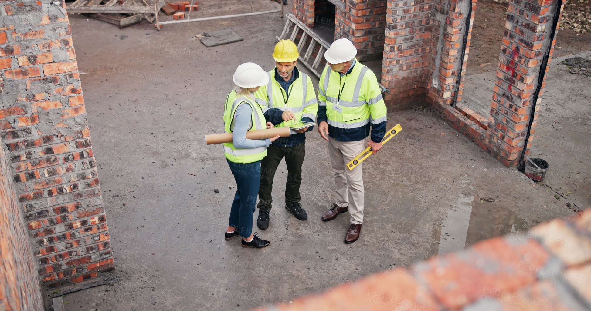 Buy stock photo Discussion, industry and construction team on site for building, maintenance or repairs. Meeting, planning and group of civil engineers with contractor for renovation or property development.