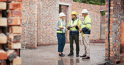 Buy stock photo Conversation, industry and construction team on site for building, maintenance or repairs. Meeting, planning and group of civil engineers with contractor for renovation or property development.