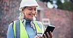 Phone, mature woman and construction worker on site with contact for renovation approval. Contractor, cellphone and female civil engineer reading building, maintenance or repairs brief online.