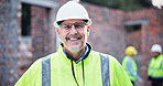 Happy, man and portrait of construction worker on site with confidence for property development. Pride, industry and mature male civil engineer at building for maintenance, repairs or renovation.