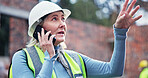 Woman, architect and talk with phone call for construction update, planning and feedback on project. Mature person, mobile and explain for urban development, maintenance progress and industrial chat