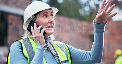 Buy stock photo Woman, architect and talk with phone call for construction update, planning and feedback on project. Mature person, mobile and explain for urban development, maintenance progress and industrial chat