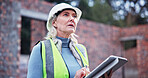 Construction, woman and tablet with site inspection for building observation, project supervision and safety check. Architecture, mature person and digital report for compliance and quality assurance