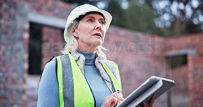 Buy stock photo Construction, woman and tablet with site inspection for building observation, project supervision and safety check. Architecture, mature person and digital report for compliance and quality assurance
