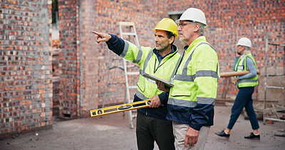 Buy stock photo Industry, discussion and construction team on site planning for building, maintenance or repairs. Meeting, architecture and civil engineers in collaboration for renovation or industrial project.