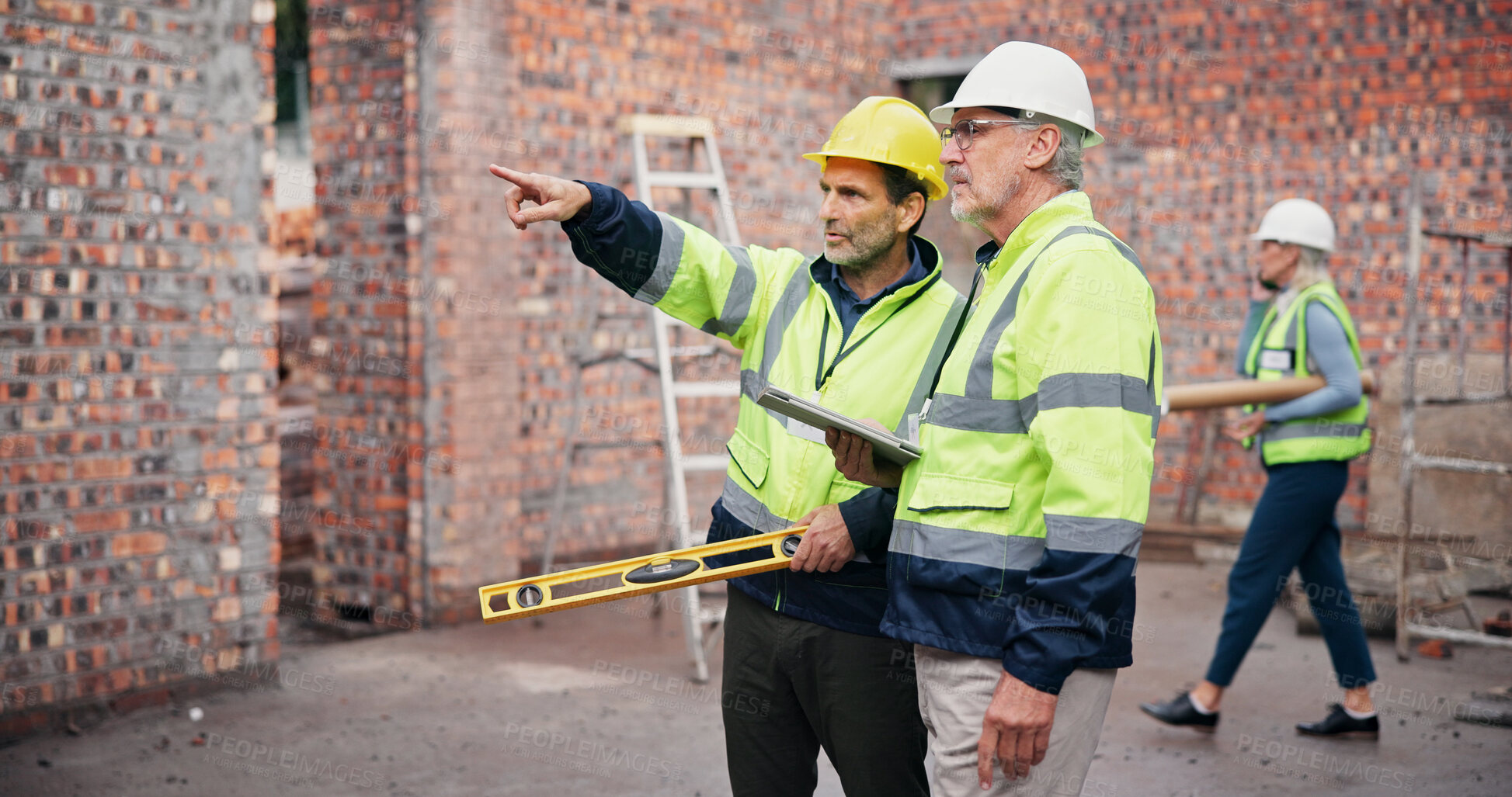 Buy stock photo Industry, discussion and construction team on site planning for building, maintenance or repairs. Meeting, architecture and civil engineers in collaboration for renovation or industrial project.