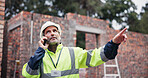 Man, engineer and explain with phone call for construction update, planning and feedback on project. Mature person, mobile and talking for urban development, maintenance progress and industrial chat