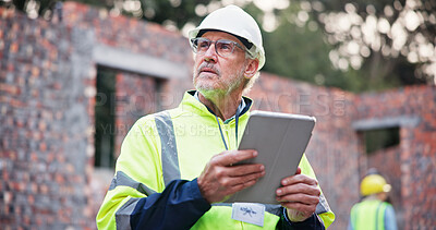 Buy stock photo Construction, mature man and tablet on site for building inspection, maintenance update and renovation progress. Architecture, contractor and digital report for compliance check and quality assurance