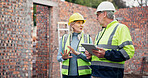 Construction, discussion and colleagues with tablet, outdoor and teamwork for project management and app. Architecture, mature woman and man with tech for digital blueprint, collaboration and talking