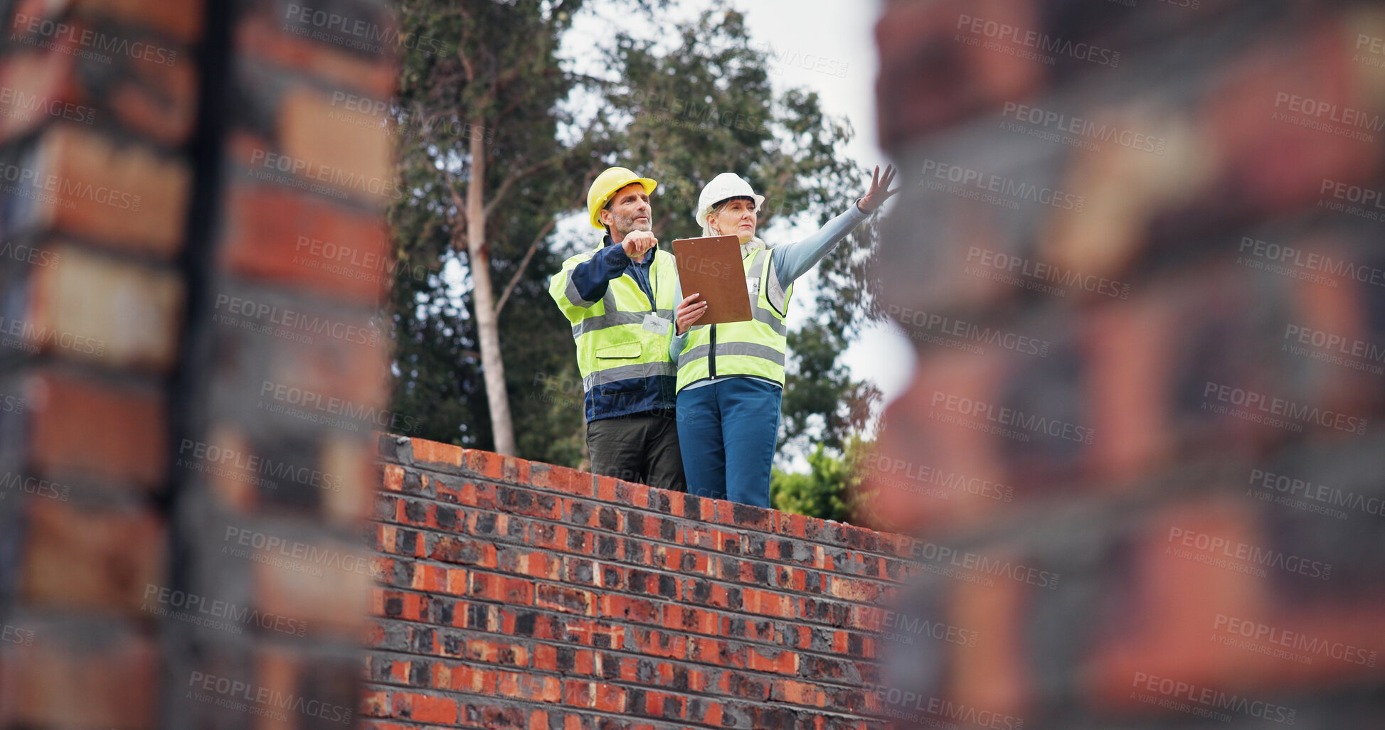 Buy stock photo People, talk and clipboard for construction of inspection, progress report and expansion checklist. Architect team, explain and information of compliance check, project management and planning update