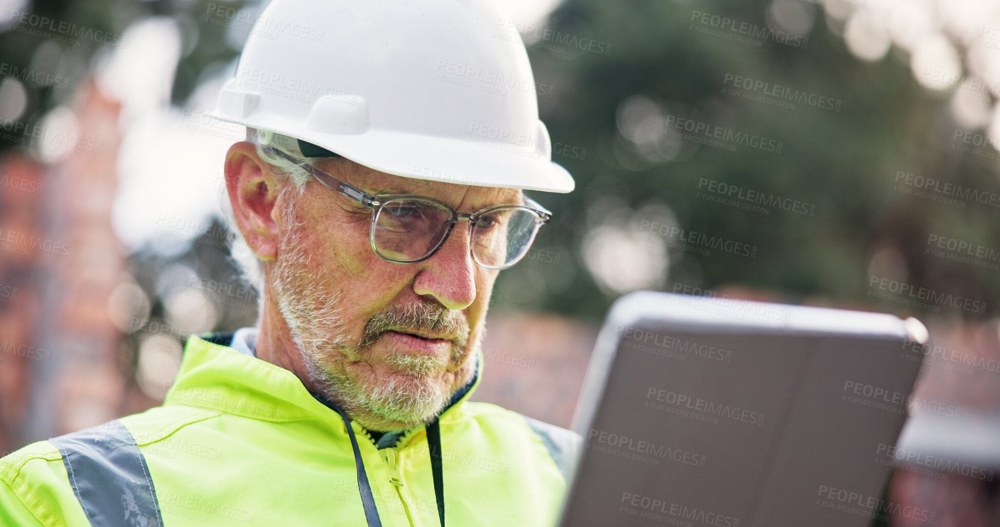 Buy stock photo Construction, man and tablet with report on site for building observation, project inspection or compliance checklist. Architecture, mature person and digital review of renovation safety and planning