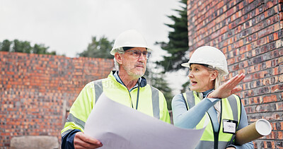 Buy stock photo Blueprint, discussion and construction team on site planning for building, maintenance or repairs. People, architecture and civil engineers in collaboration for renovation or industrial project.