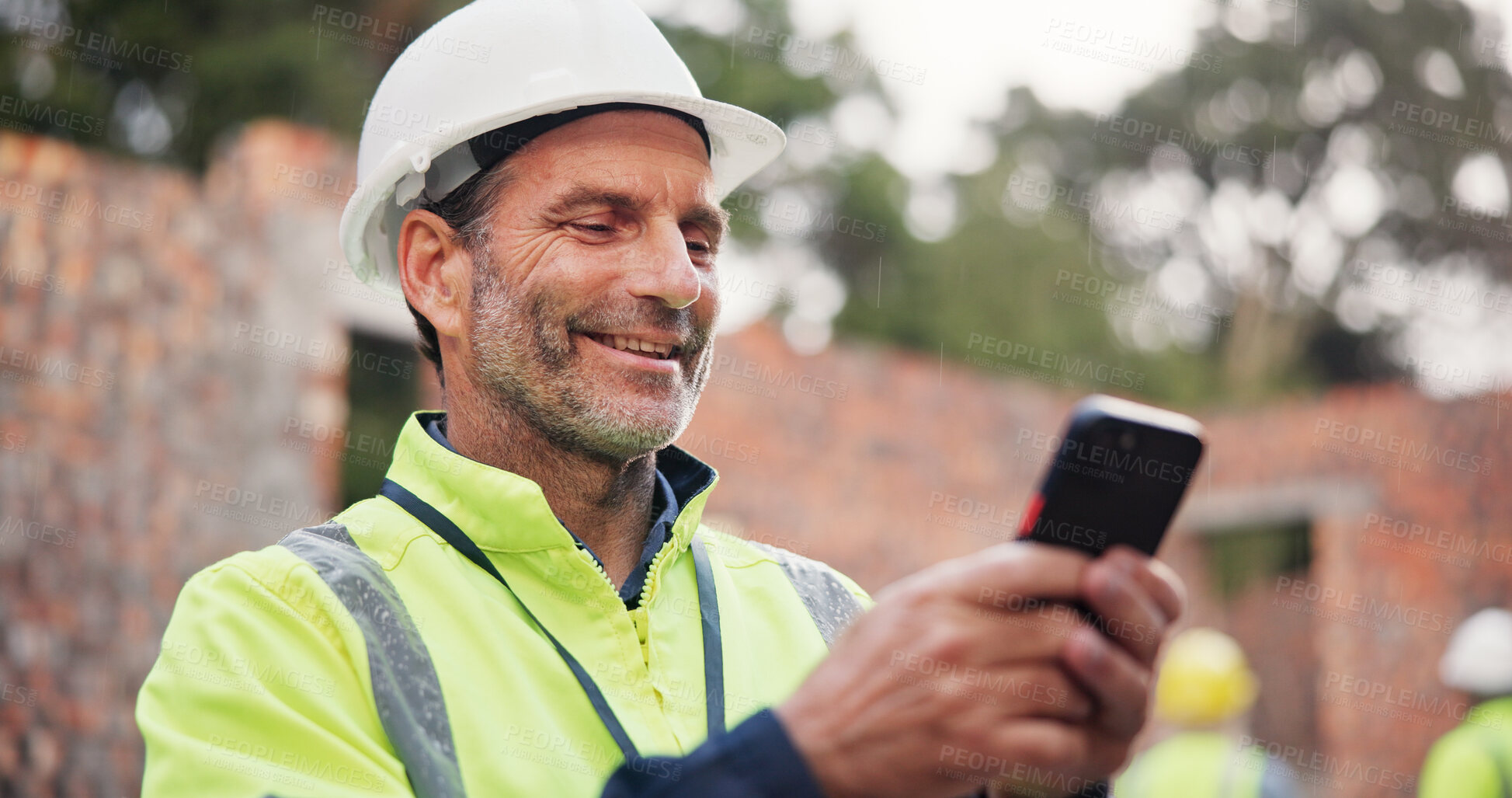 Buy stock photo Phone, man and construction worker on site with contact for renovation approval on mobile app. Contractor, cellphone and male civil engineer reading building, maintenance or repairs brief online.
