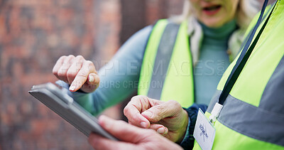 Buy stock photo Hand, construction and people on tablet at site for inspection, progress report and expansion safety. Architect, digital and compliance check for information, project management and quality assurance