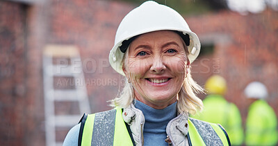Buy stock photo Happy, woman and portrait of construction worker on site with confidence for property development. Pride, industry and mature female civil engineer at building for maintenance, repairs or renovation.