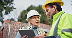 Construction, teamwork and colleagues with tablet, outdoor and discussion for project management and app. Architecture, mature woman and man with tech for digital blueprint, collaboration and talking