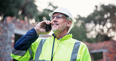 Buy stock photo Man, architect and smile with phone call for construction update, planning and feedback for project. Mature person, mobile and talking with urban development, maintenance progress and industrial chat