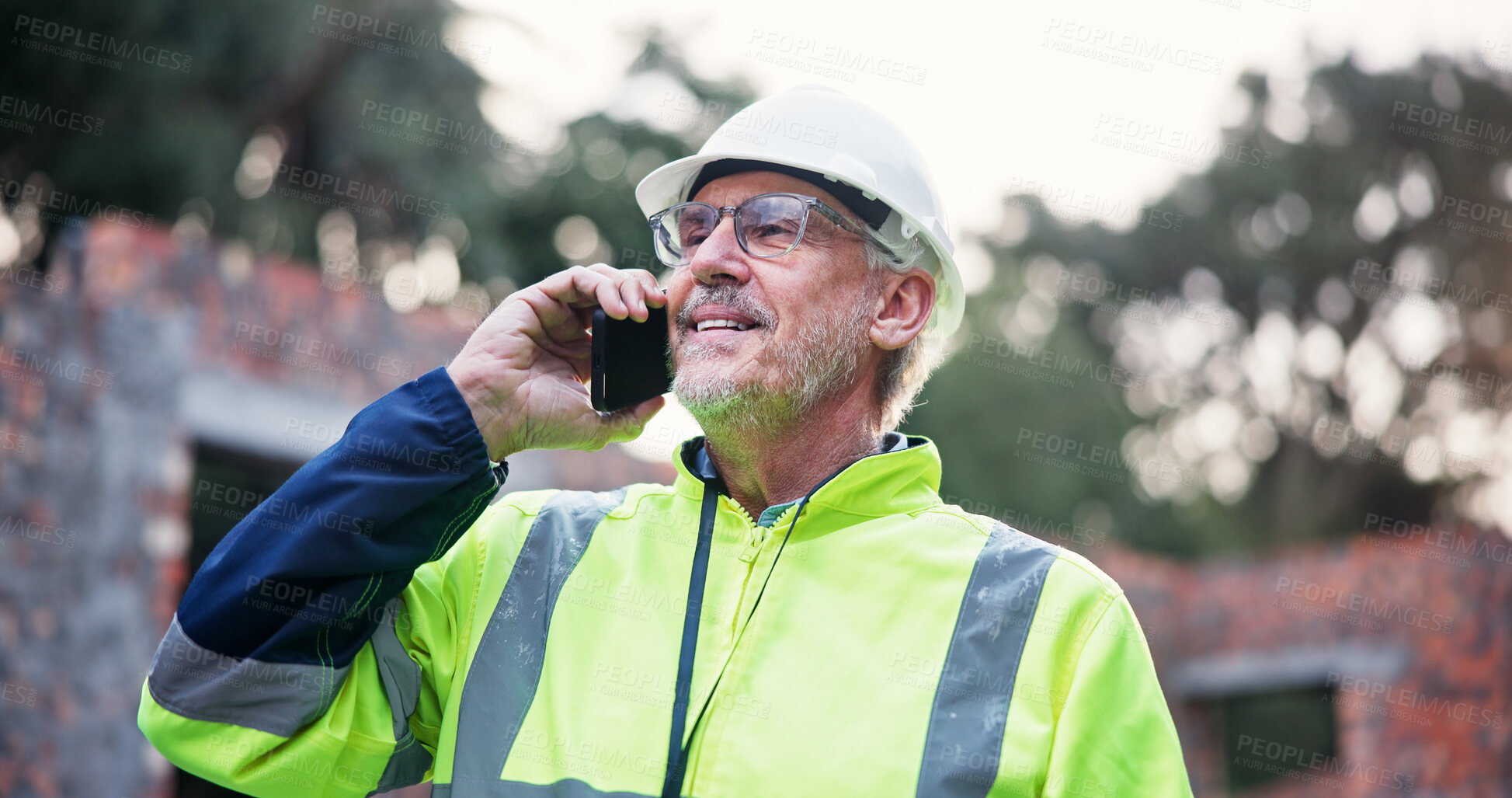Buy stock photo Man, architect and smile with phone call for construction update, planning and feedback for project. Mature person, mobile and talking with urban development, maintenance progress and industrial chat
