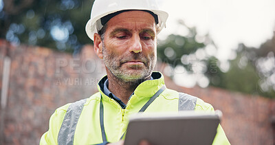 Buy stock photo Construction, man and reading tablet on site for project management, safety compliance and building progress. Engineer, mature person and digital checklist for risk assessment and record information