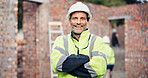 Crossed arms, man and portrait of construction worker on site with confidence for property development. Pride, industry and mature civil engineer at building for maintenance, repairs or renovation.