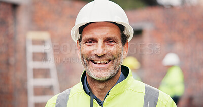 Buy stock photo Happy, mature man and portrait of construction worker on site with confidence for property development. Pride, industry and male civil engineer at building for maintenance, repairs or renovation.