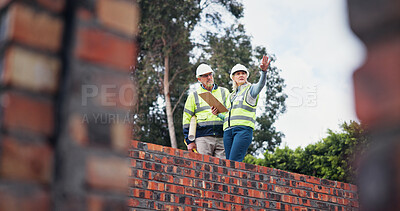 Buy stock photo People, explain and clipboard for construction of inspection, progress report and expansion checklist. Man, woman and architect information of compliance check, project management and planning update