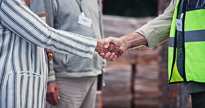 Buy stock photo Meeting, handshake and people on construction site for planning, inspection or collaboration outdoors. Contractor, welcome and thank you with partnership for deal, brainstorming or architect idea