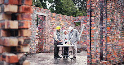 Buy stock photo Construction site, team and planning for collaboration, brainstorming and idea for property development. Men, woman and contractor on worksite for project management, discussion and architect design
