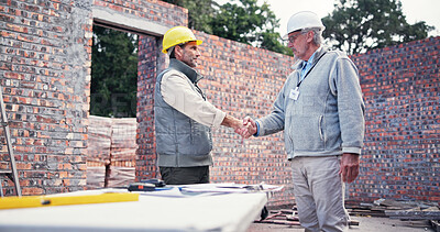 Buy stock photo Meeting, handshake and people on construction site for plan, inspection or collaboration at table. Contractor, welcome and men with partnership for blueprint, brainstorming or architect design