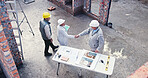 Above, handshake and people on construction site for plan, inspection or collaboration at table. Contractor, welcome and woman with tablet for blueprint, brainstorming or architect design in morning